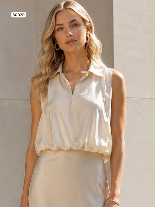 Open collar gathered hem blouse