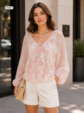 Ruffle trim tie neck blouse