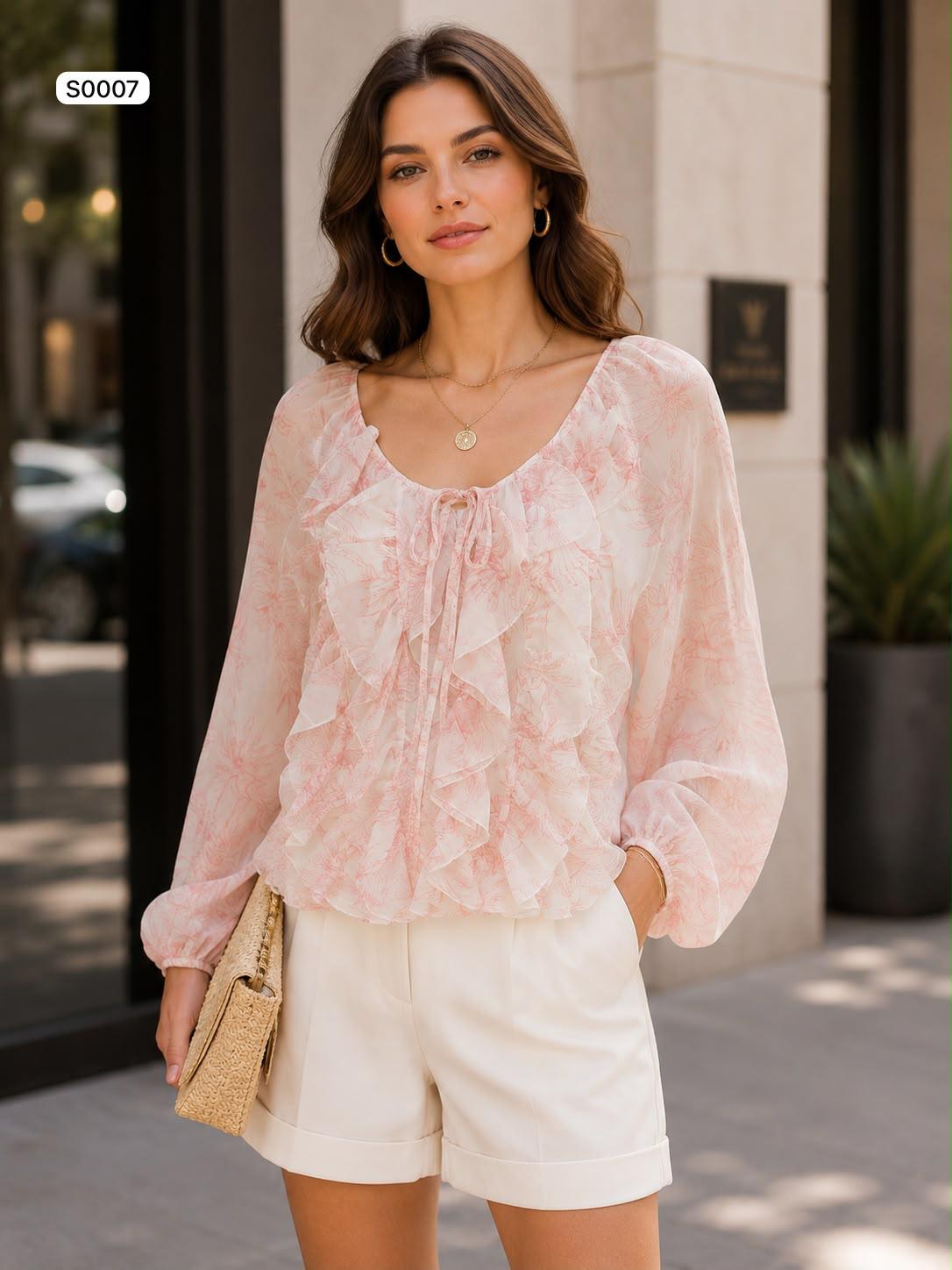 Ruffle trim tie neck blouse