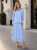 Vertical lace detailed button up blouse with skirt
