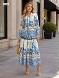 Embellished button up printed blouse with gathered skirt with lace details