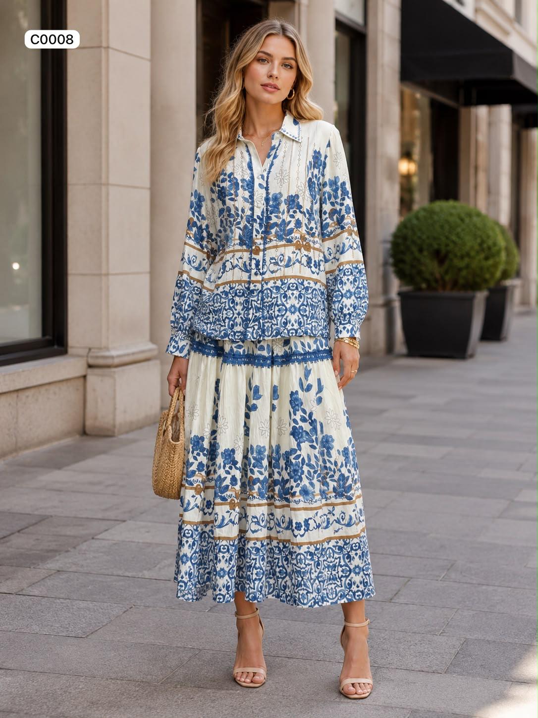 Embellished button up printed blouse with gathered skirt with lace details