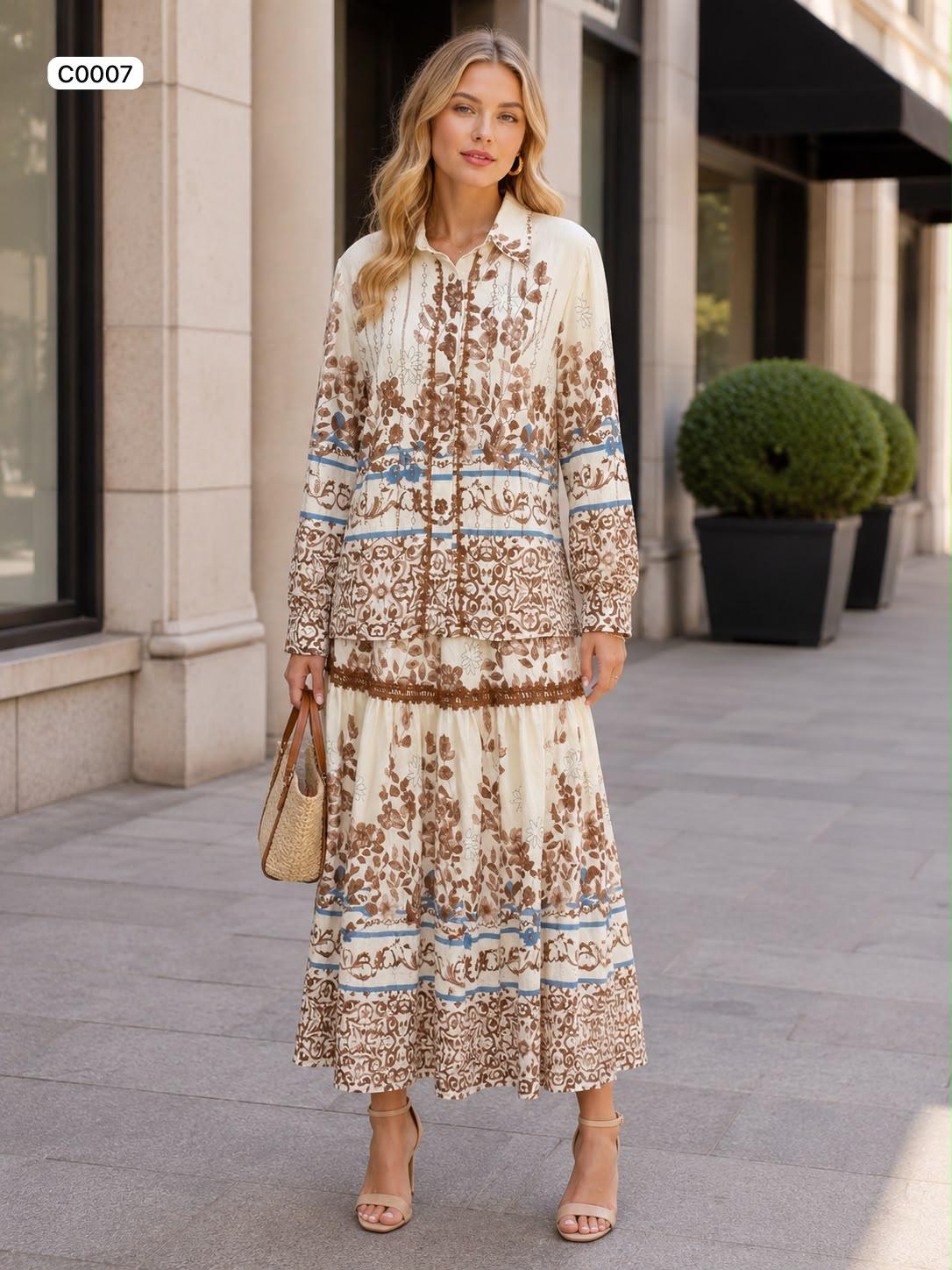 Embellished button up printed blouse with gathered skirt with lace details