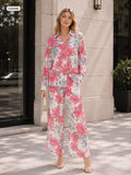 Relaxed fit floral print button up blouse and wide trousers
