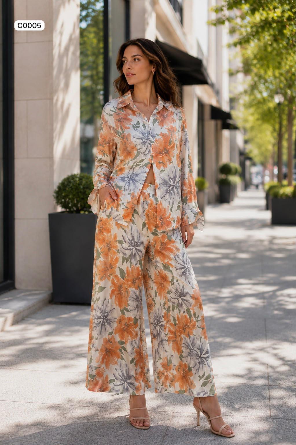 Relaxed fit floral print button up blouse and wide trousers