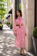 Floral print set with tie neck blouse and gathered sleeves and gathered skirt with leather belt