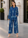 Relaxed fit geometrical print button up blouse and wide trousers