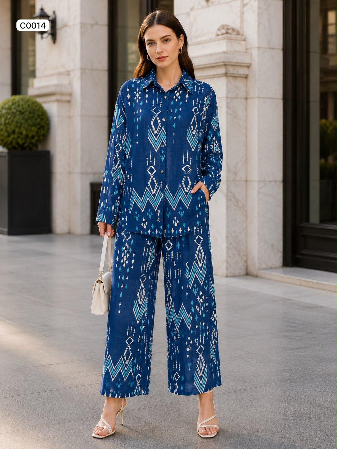 Relaxed fit geometrical print button up blouse and wide trousers