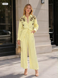 Embellished button up blouse with relaxed wide trousers