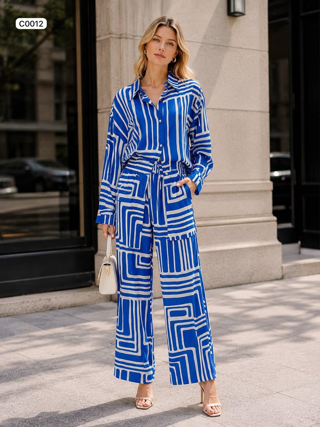 Relaxed fit geometrical print button up blouse and wide trousers