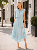 Ruffle trim midi dress with tie neck