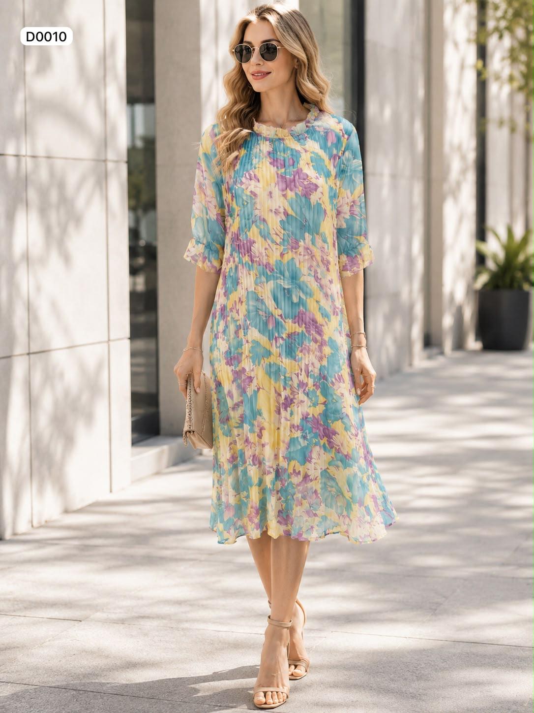 Pleated floral midi dress