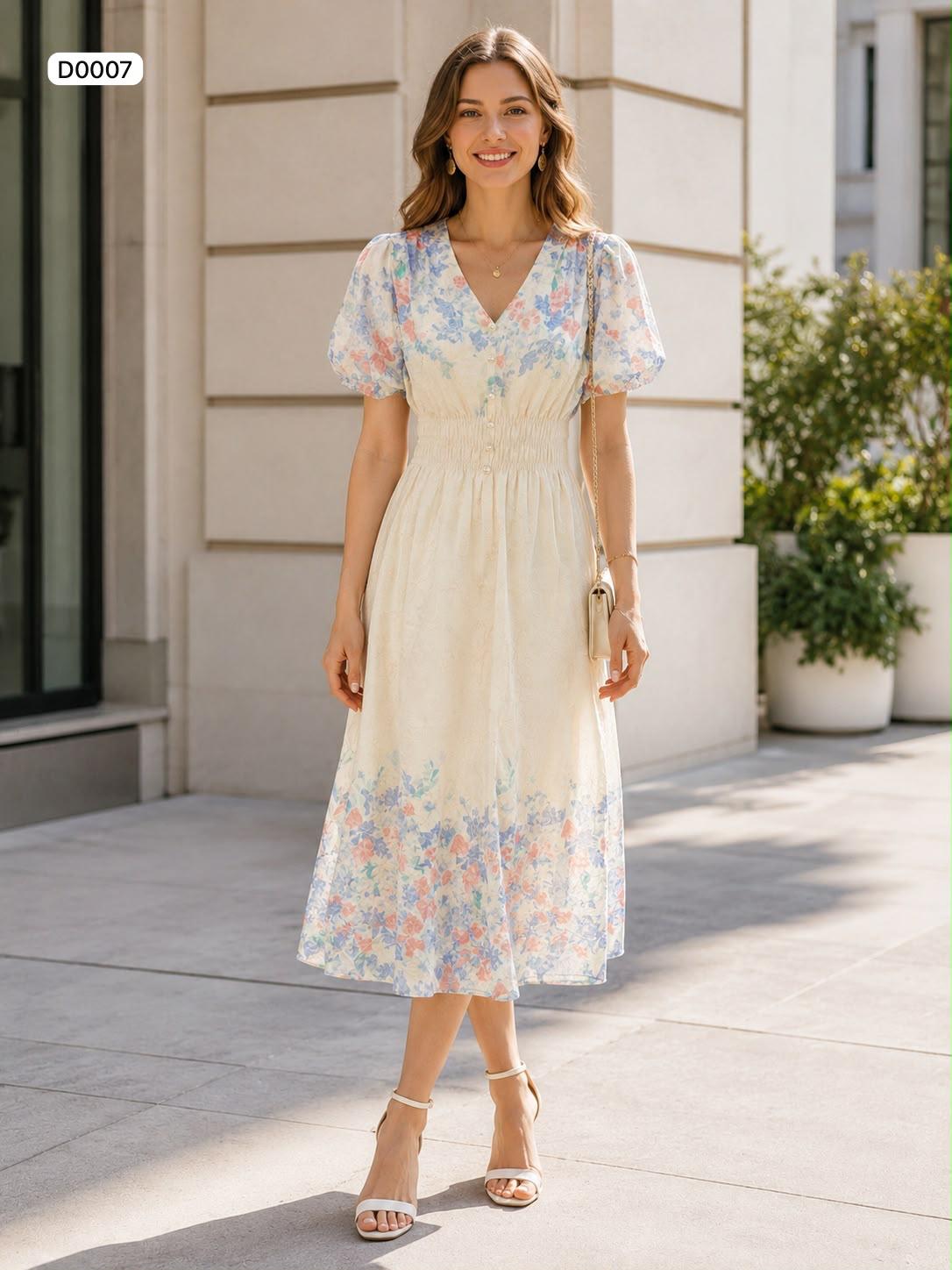 Floral print V neck midi dress with elasticated waist