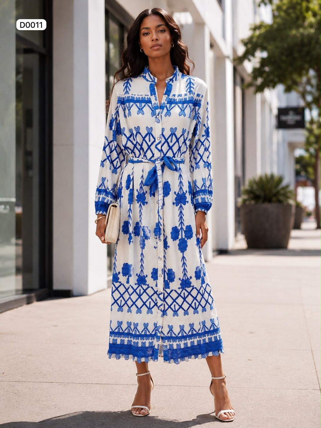 Button up long sleeve pleated midi dress with matching belt