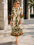 Button up long sleeve pleated floral midi dress with matching belt