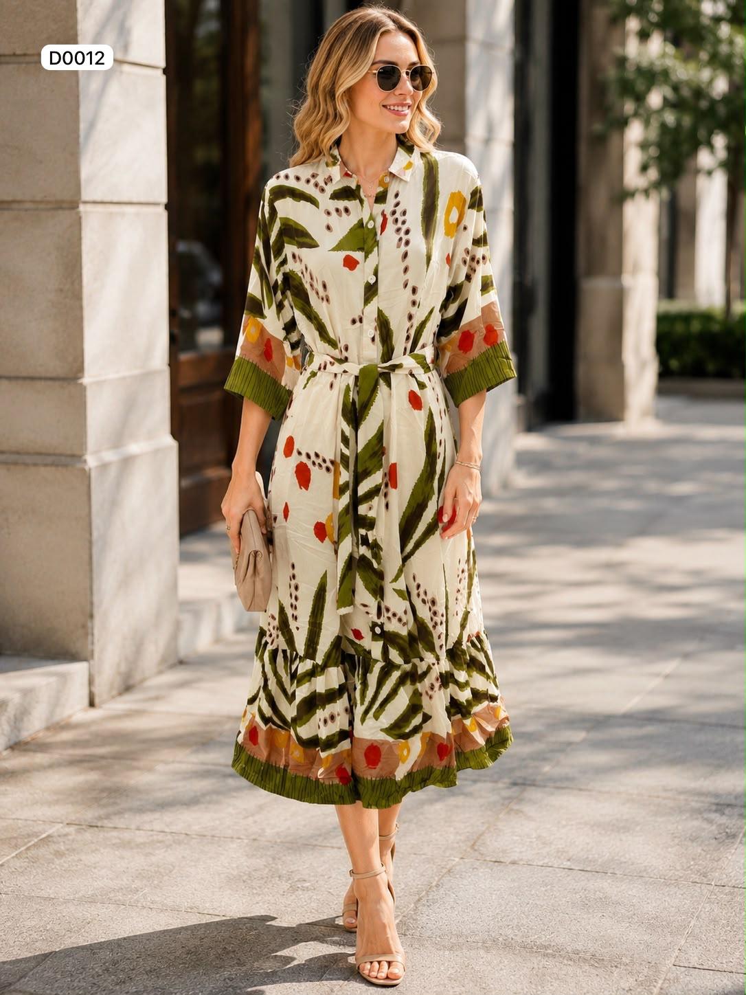 Button up long sleeve pleated floral midi dress with matching belt