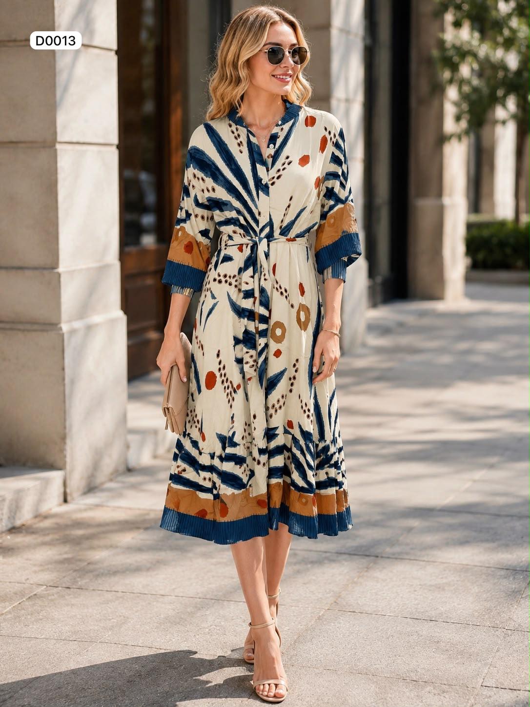 Button up long sleeve pleated floral midi dress with matching belt