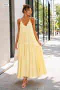 Flowy gathered maxi dress with lace details