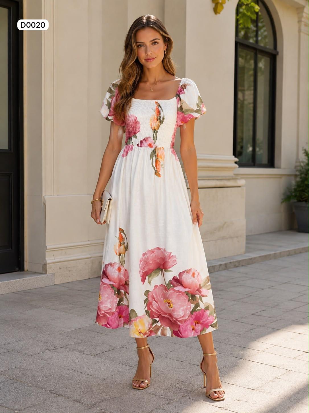 Smocked puff sleeve midi dress with floral print