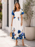 Smocked puff sleeve midi dress with floral print