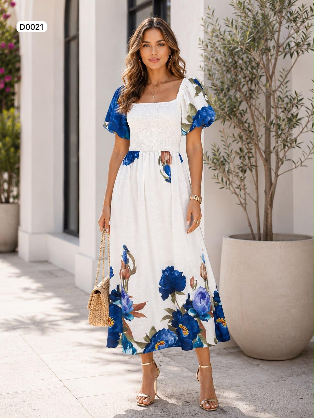 Smocked puff sleeve midi dress with floral print