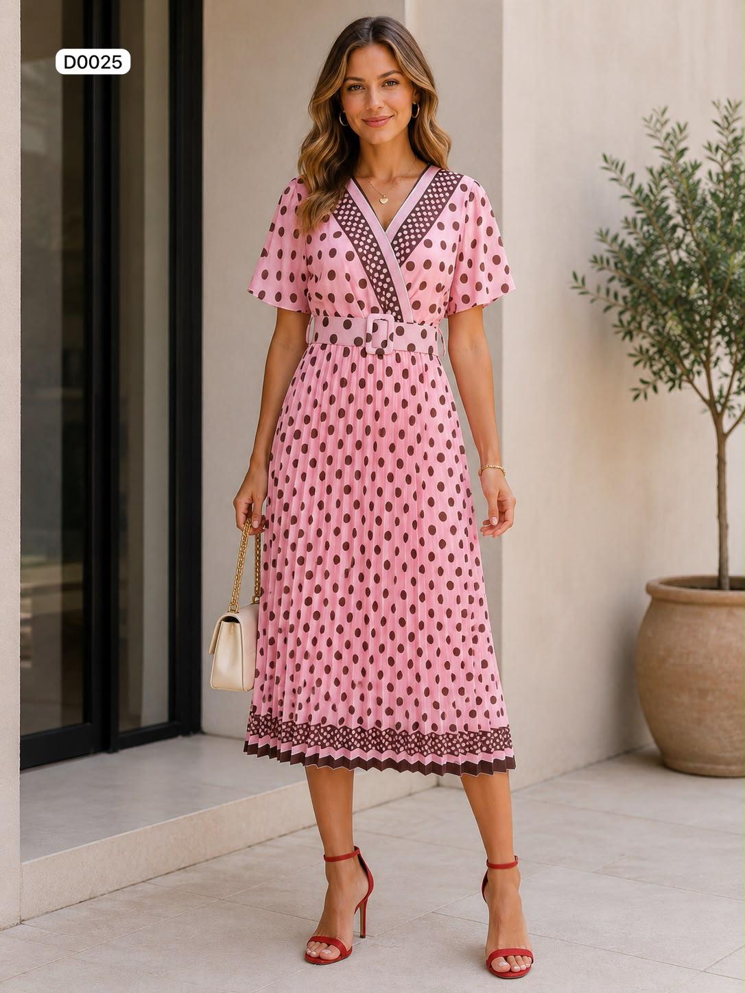 Wrap v neck polka dot pleated midi dress with matching belt
