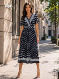 Wrap v neck polka dot pleated midi dress with matching belt