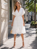 Cutwork embroidered tiered midi dress with elasticated waist