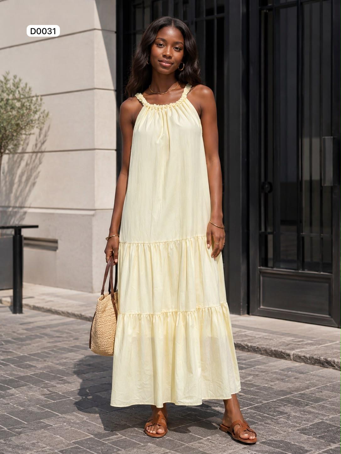 Rope detail neckline gathered maxi tiered dress